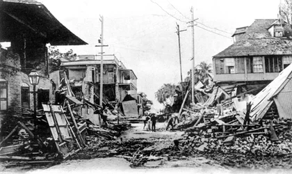 Jordskjelvskader, King Street og Harbour Street, Kingston, Jamaica, 1907