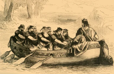 Edgar Stillehavet blir rodd nedover elven Dee av åtte sideelvprinser, c1890.