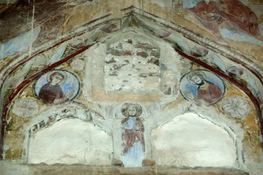 Saint Macarius kirke. Fresker av den hellige jomfru og døperen Johannes som går i forbønn med Kristus til fordel for menneskeheten. Saint Macaire of Scete Monastery eller Deir Abu Magar eller Deir Amba Makar, Egypt