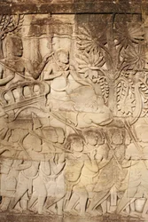 Elefanter og krigere Relieffskulptur på East Outer Gallery i Bayon, Siem Reap, Kambodsja
