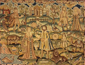 Broderipanel som viser mennesker, blomster, insekter, fisk og dyr, 1600-tallet