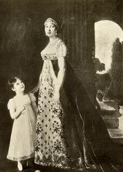 Empire-kjole og barnekjole trimmet med blonder fra Valenciennes, 1804, 1937.