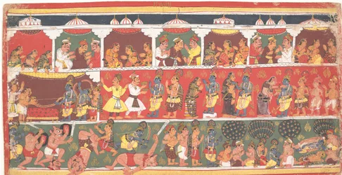 Møter i Mathura: Side fra en spredt Bhagavata Purana..., ca. 1700.