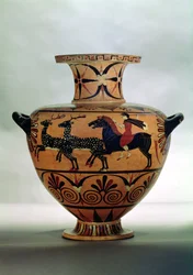 Etruskisk-ionisk hydria med svart figur som viser en jaktscene, fra Cerveteri, ca. 540-530 f.Kr. (keramikk)