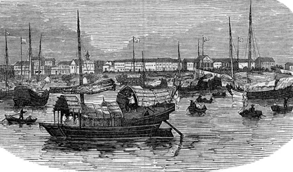 Europeiske fabrikker i Canton Guangzhou, Kina, c1875