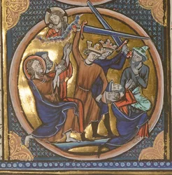 Henrettelse av jøder. Miniatyr fra bibelske emblemer, ca 1220-1230.