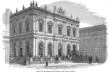 Utvendig utsikt over Nasjonalbanken, Glasgow, Skottland, cirka 1850