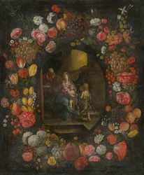 Familie i en blomst- og fruktkrans
