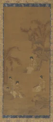 Kvinnelige musikere i en hage under bananpalmer, Ming-dynastiet, 1368-1644.