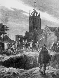 Fyller en massegrav om natten under pesten i London, c1665