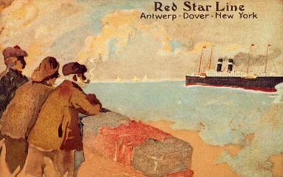 Fisker og sjømenn som ser på en Red Star-fartøy, c1900.