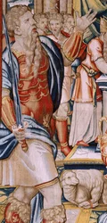 flamsk billedvev. Serien Hannibals historie. Hannibals ed (Juramento de Aníbal). Første billedvev i serien. Tegneserier anonym mester i Nederland. Produsere verksteder i Brussel. Ca 1570. Stoff Ull og silke, 6,5/7 varp pr cm. Størrelse 34