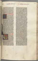 Fol. 190r, Tobit, historisk initial T, Tobit sover på en seng, ca. 1275-1300.
