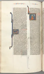 Fol. 354v, Amos, historikk initial V, Amos kneler i bønn, byste av Gud over, ca. 1275-1300.