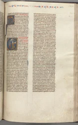 Fol. 370r, Maccabees I, historikk initial E, Mathathias dreper den avgudsdyrkende jøden, ca. 1275-1300.
