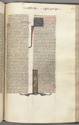 Fol. 404r, Mark, historisk initial I, Mark står med en rulle, ca. 1275-1300.