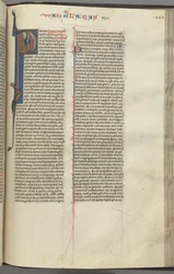Fol. 449r, Galaterbrevet, historikert initial P, Paulus sittende med et sverd, ca. 1275-1300.