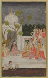 Fortune-telling, en gruppe kvinner på en terrasse om natten, 1700-tallet.