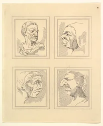 Fire hoder fra Characaturas av Leonardo da Vinci, fra tegninger av Wincelslaus Hollar, o..., 1786.