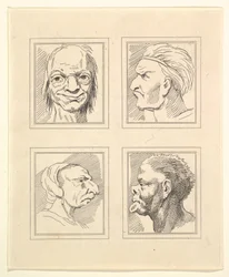 Fire hoder fra Characaturas av Leonardo da Vinci, fra tegninger av Wincelslaus Hollar, o..., 1786.
