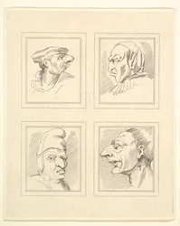 Fire hoder fra Characaturas av Leonardo da Vinci, fra tegninger av Wincelslaus Hollar, o..., 1786.