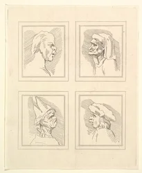 Fire hoder fra Characaturas av Leonardo da Vinci, fra tegninger av Wincelslaus Hollar, o..., 1786.