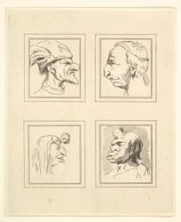 Fire hoder fra Characaturas av Leonardo da Vinci, fra tegninger av Wincelslaus Hollar, o..., 1786.