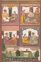 Fire kjærlighetsscener og et landskap: Side fra en spredt Raskapriya, ca. 1700.