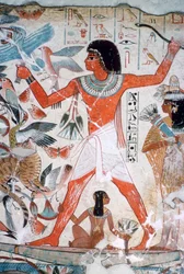 Fuglejakt i sumpene: veggmaleri fra Nebamuns grav, Theben, Egypt, ca. 1350 f.Kr.