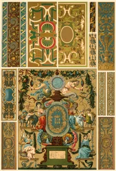Fransk renessanse veggmaleri, polykrom malt skulptur, veving og bokomslag, 1898.