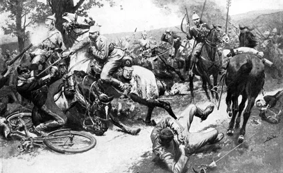 Fransk kavaleri angriper tyske tropper, første verdenskrig, 1914