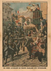 Franske tropper blir ønsket entusiastisk velkommen av serberne, 1915.