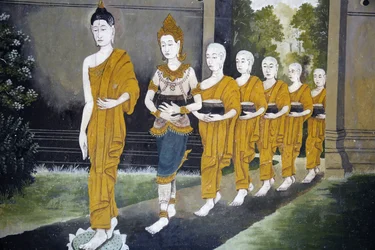 Fresco som viser en scene fra Buddhas liv i Wat Phra Doi Suthep, Chiang Mai. Buddha og munker på almissunde. Thailand