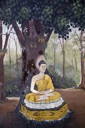 Fresco som viser en scene fra Buddhas liv i Wat Phra Doi Suthep, Chiang Mai. Buddha mediterer under et tre. Thailand