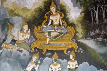 Fresco som viser en scene fra Buddhas liv i Wat Phra Doi Suthep, Chiang Mai. Thailand