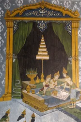 Fresco som viser en scene fra Buddhas liv i Wat Phra Doi Suthep, Chiang Mai. Ung Buddha som en prins. Thailand
