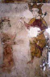 Freskomaleri av Ferrande-tårnet i Pernes-les-Fontaines (Pernes les Fontaines, Vaucluse (84)) fra 1200-tallet: Karl I av Anjou (1227-1285) til hvem liket av Manfred I av Sicilia eller Hohenstaufen (ca. 1232) -1266) bringes.