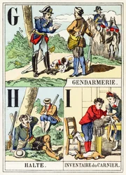 G H I: Gendarmerie, Halte, Inventaire du gamenier - The Hunting Alphabet, ca. 1890 (gravering)