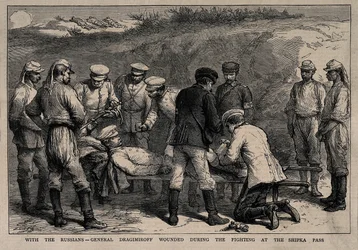 General Mikhail Dragomirov såret under slaget ved Shipka-passet, ca 1878