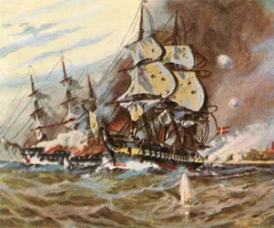 Tysk batteriangrep fra stranden ved Eckernförde, 5. april 1849, 1936.
