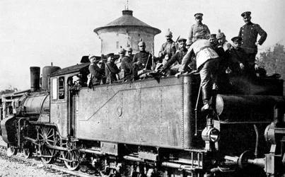 Tyske tropper som reiste med tog til østfronten, første verdenskrig, 1914