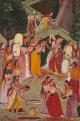 Jenter som sprøyter hverandre på Holi, ca. 1640-1650.