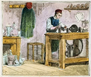 Glasskutter som dekorerer bordservise på et karborundumhjul, 1867