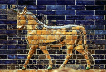 Glasert mursteinrelieff av en okse på den hellige vei som fører til Ishtar-porten, Babylon, c580 f.Kr.