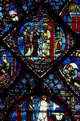 Gotisk arkitektur. Histoire de Charlemagne (detalj): Charlemagne (742-814) mottatt av Konstantin I, bysantinsk keiser. Farget glass av den nordlige ambulatoriet, absidial. Cathedrale de Chartres.