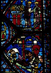Gotisk arkitektur. Histoire de Charlemagne (detalj): Charlemagne (742-814) mottar 3 jakter (høy) og Vision of Constantine (I, keiser bysantinsk). Farget glass av den nordlige ambulatoriet, absidial. Cathedrale de Chartres.