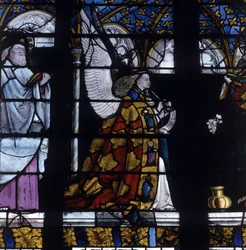 Gotisk arkitektur. Glassmaleri av bebudelsens engel, detalj av engelen, rundt 1450, av Mesteren til Jacques Coeur (Jacob de Littem). Cathedrale de Bourges.