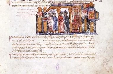 Storprinsesse Olga besøker Constantine VII Miniature fra Madrid Skylitzes, 11-1200-tallet