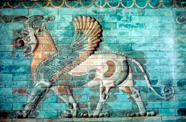 Griffin-løve-relieff i glasert murverk, Achaemenid-perioden, antikkens Persia, 530-330 f.Kr.