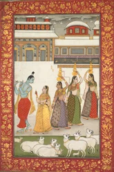 Gujari Ragini Krishna med Gopis Playing the Flute, fra en Ragamala-serie, midten av 1700-tallet.